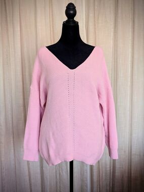 Soft Pink Knit Sweater Oversized V Neck Cozy Pullover